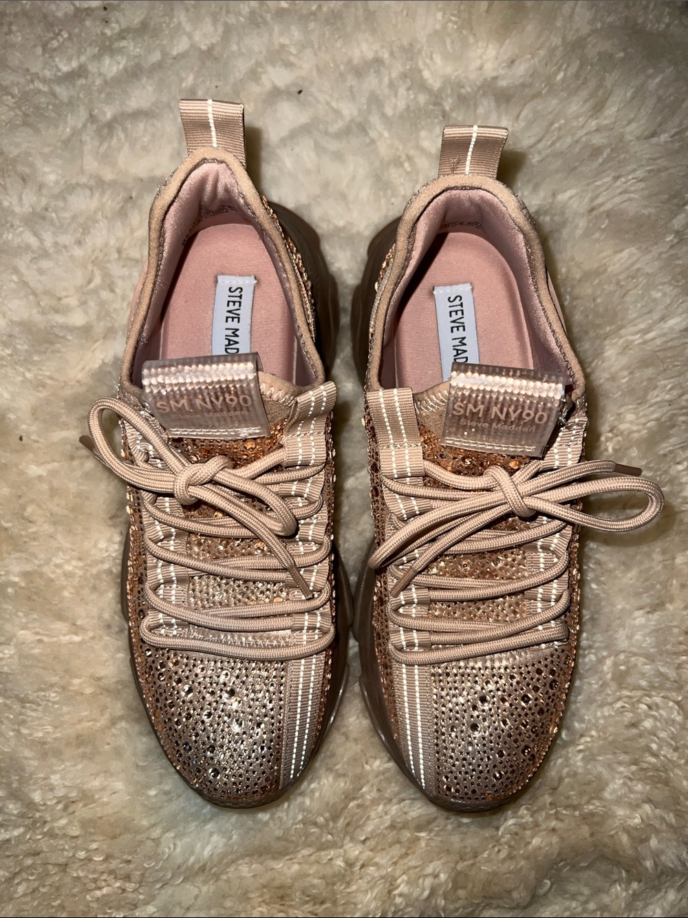 Steve Madden Rose Gold Knit Lace-Up Sneakers with Sparkle